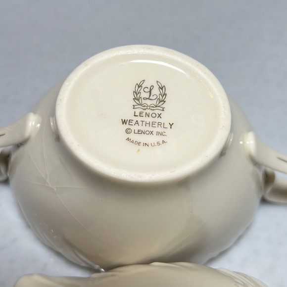 Vtg Lenox Weatherly Creamer/Sugar Scalloped Edge Ivory Bone China Platinum Trim - Picture 5 of 8